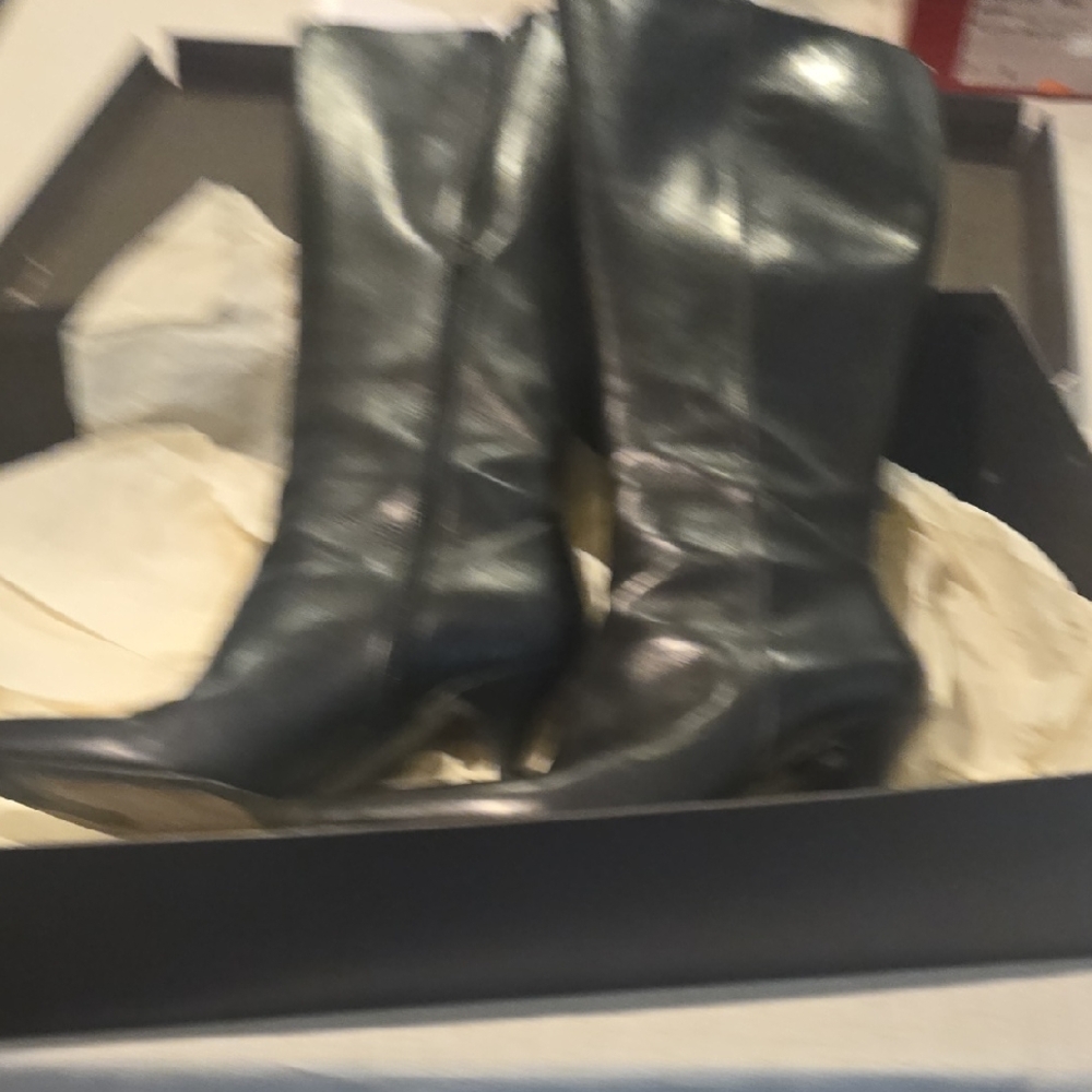 Cole Haan Midnight Black Leather Heeled Boots - Picture 6 of 9